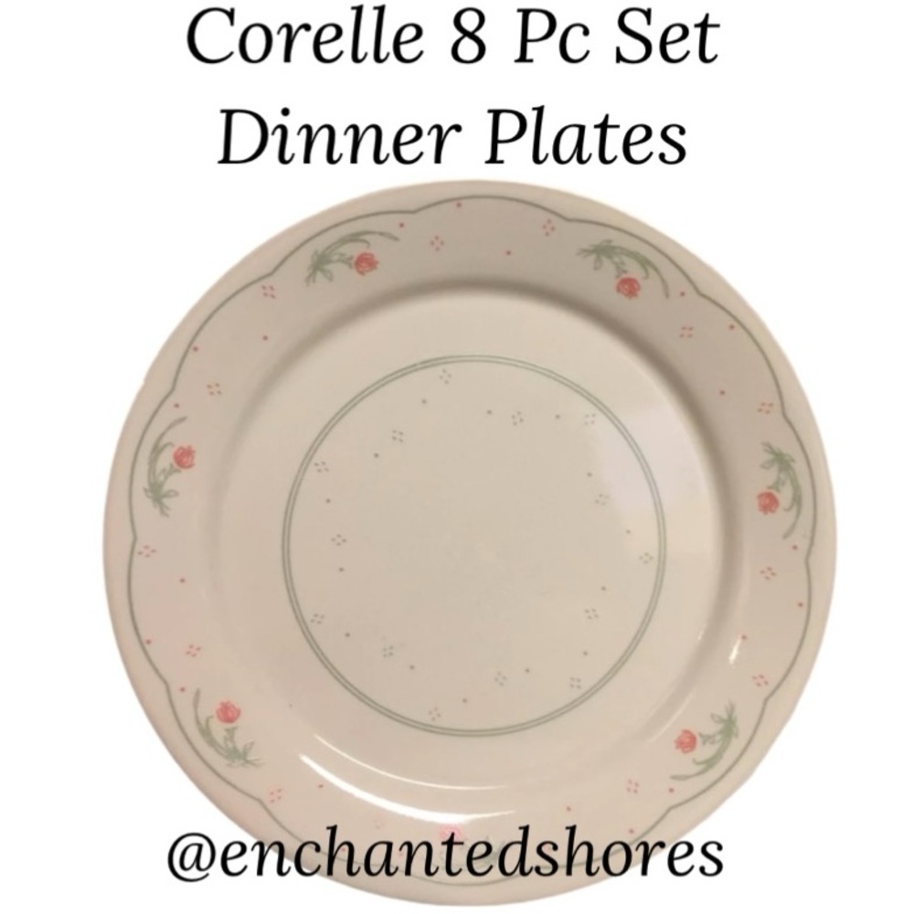 Corelle Plates 10” 8 Pc Set Replacements Floral Ivory Pink Peach Rose Green Trim